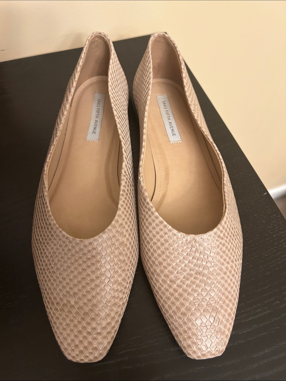 Saks Fifth Avenue Beige Snakeskin-Texture Pointed Flats
